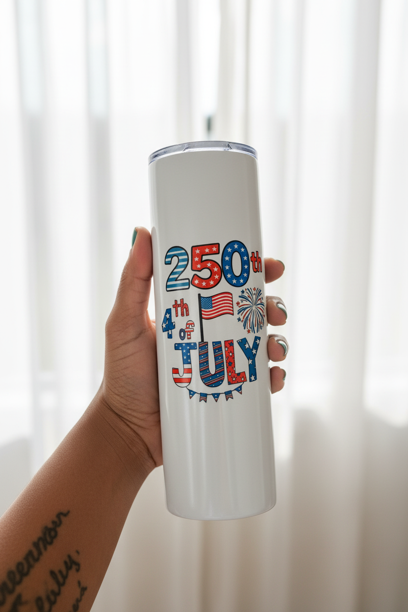Custom Sublimation 20 oz Stainless Steel Tumbler – Lifestyle Shot - 250 Years Print | Jadez World