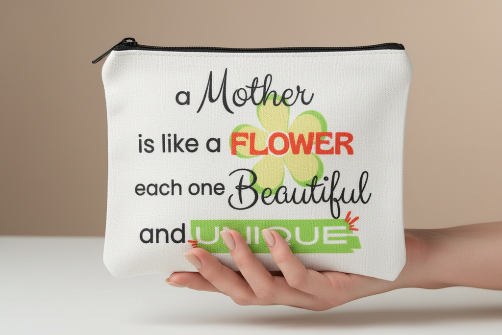 Custom Sublimation 7.9" x 5.7" Travel and Makeup Pouch -AI Rendering Product Shot -  Mothers Garden Quote Print | Jadez World 