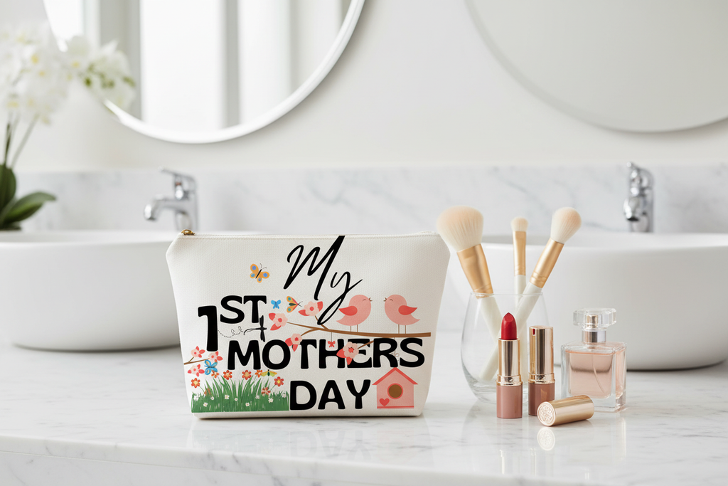 Custom Sublimation 7.9" x 5.7" Travel and Makeup Pouch -AI Rendering Product Shot -  My 1st Mothers Day Print | Jadez World 