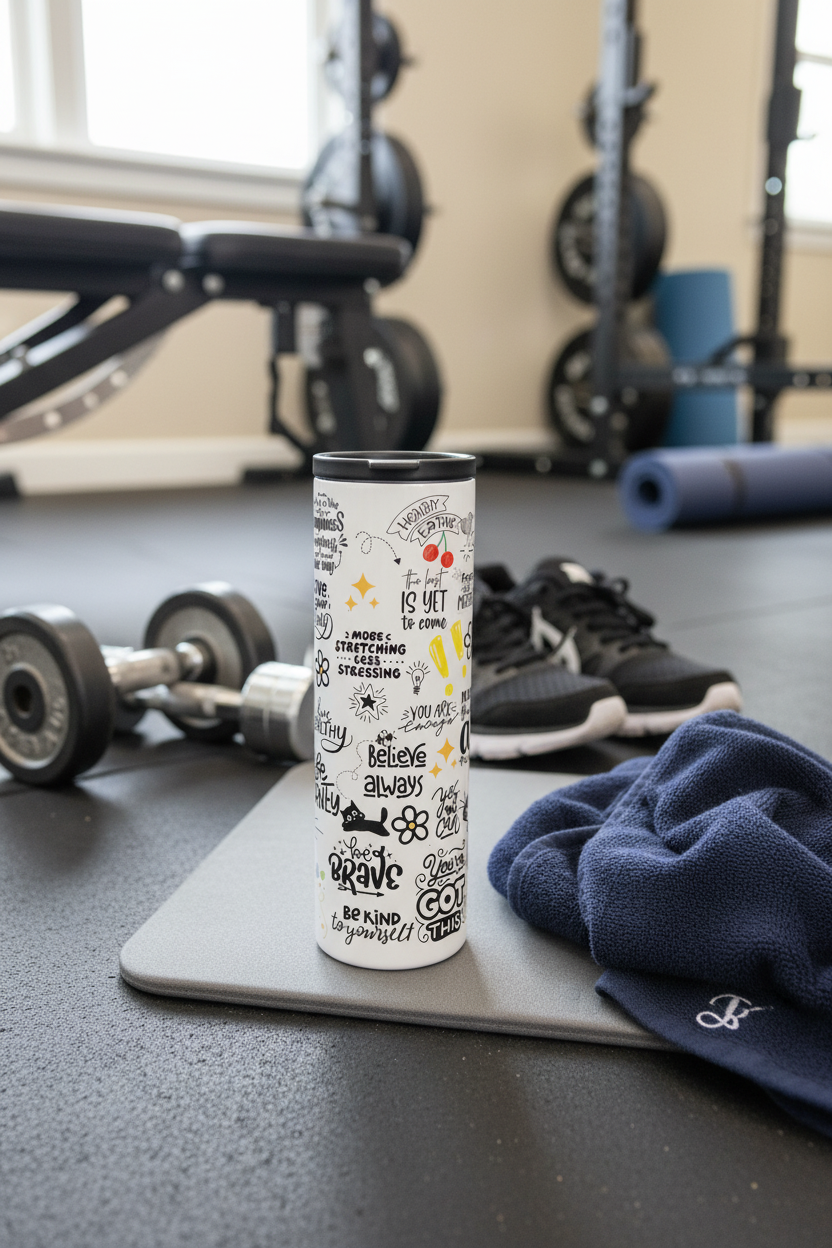 Custom Sublimation 20 oz Stainless Steel Tumbler – Gym - AI Rendering Product Shot - White Doodle Print | Jadez World