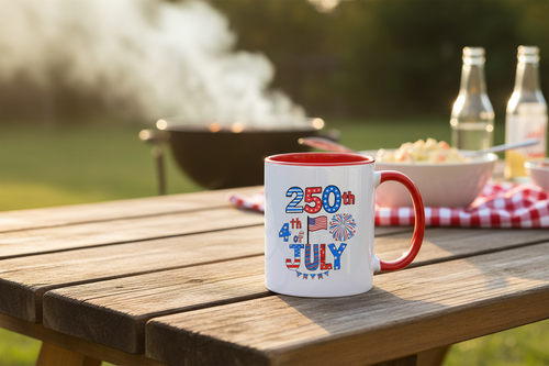 BBQ backyard lifestyle shot of 250th 4th of July mug