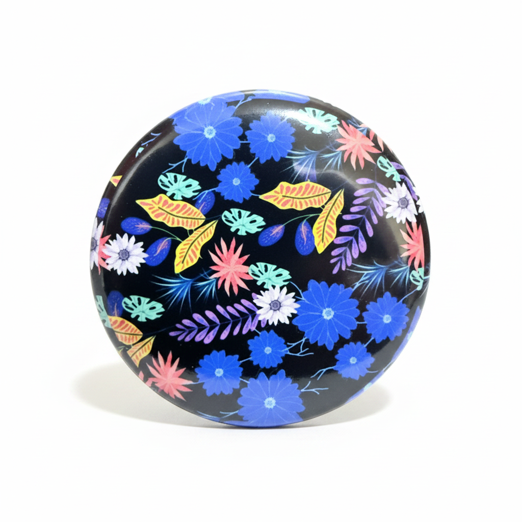 Black Floral Pin Button - White Background