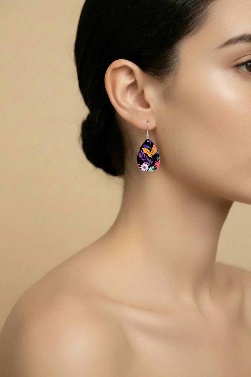 Black Floral Print Earring on Model