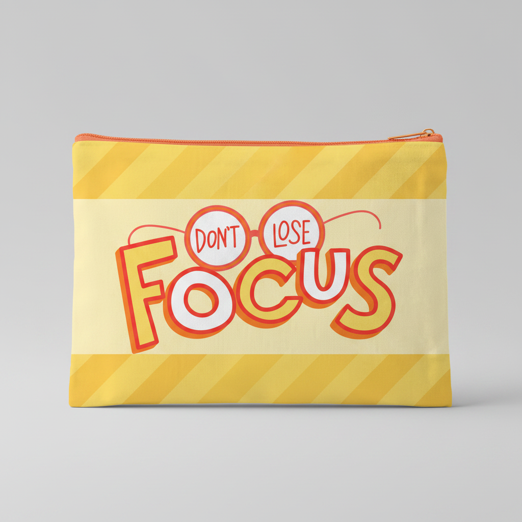 Custom Sublimation 7.9" x 5.7" Travel and Makeup Pouch -AI Rendering Product Shot - Yellow Don't Lose Focus Full Print | Jadez World 