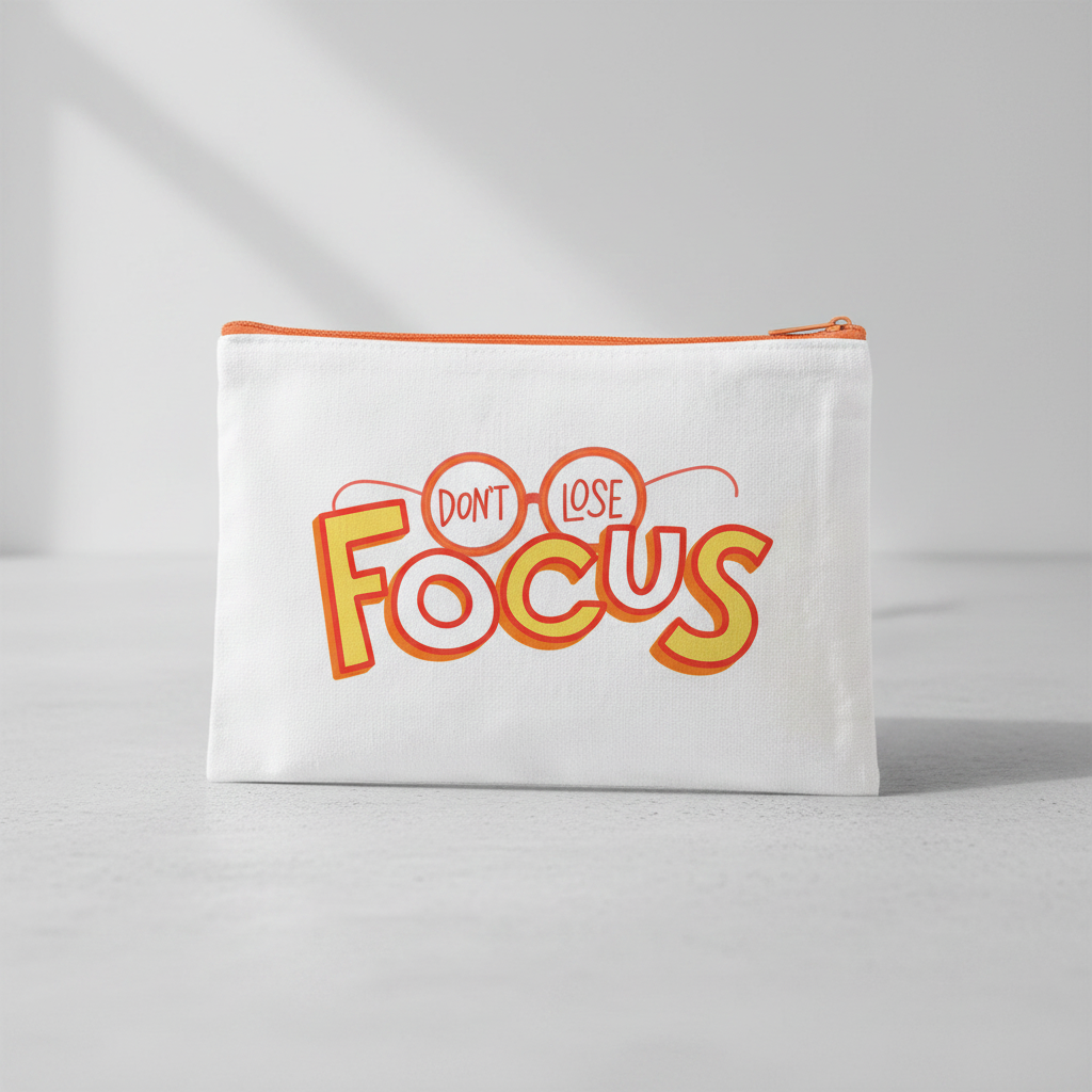 Custom Sublimation 7.9" x 5.7" Travel and Makeup Pouch - -AI Rendering Product Shot - White Don't Lose Focus Full Print | Jadez World 