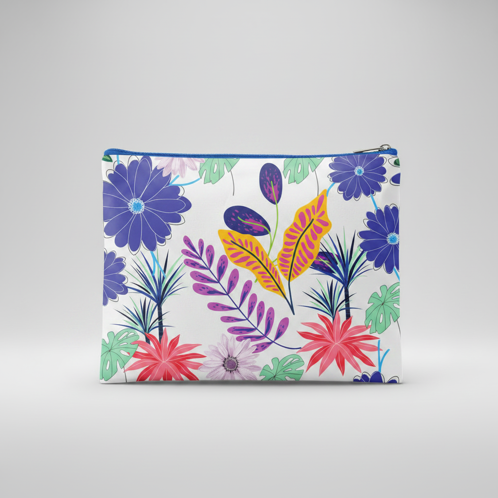 Custom Sublimation 7.9" x 5.7" Travel and Makeup Pouch -AI Rendering Product Shot - White Floral Print | Jadez World 