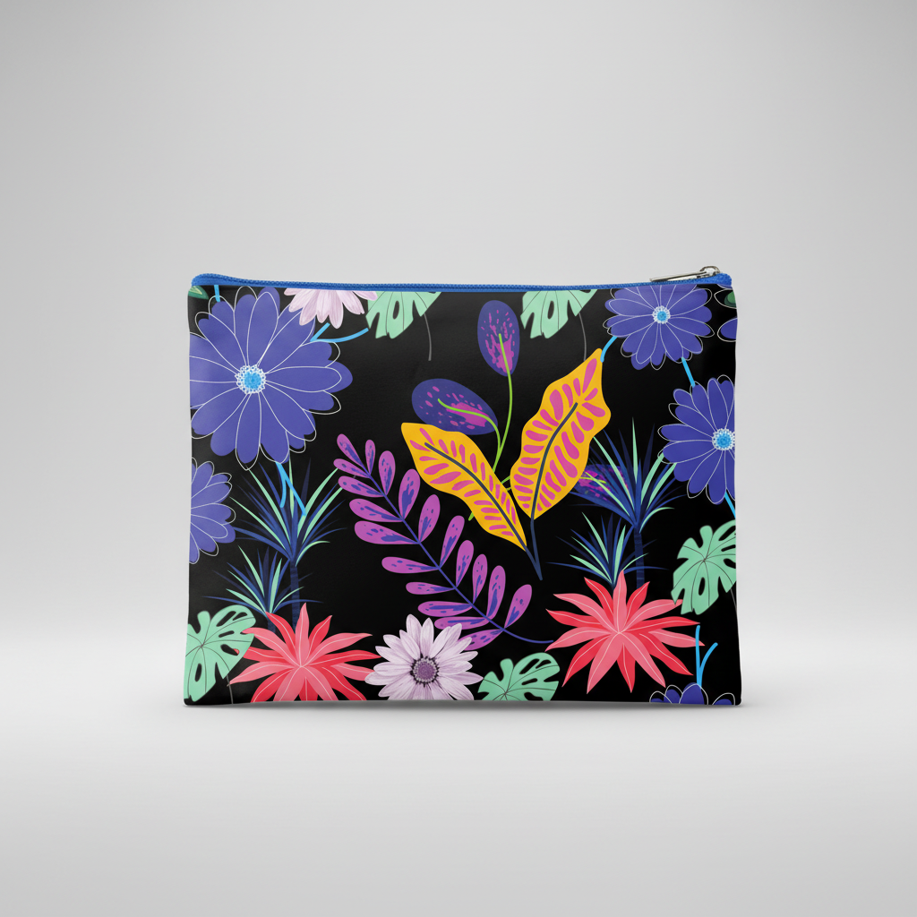 Custom Sublimation 7.9" x 5.7" Travel and Makeup Pouch -AI Rendering Product Shot - Black Floral Print | Jadez World 