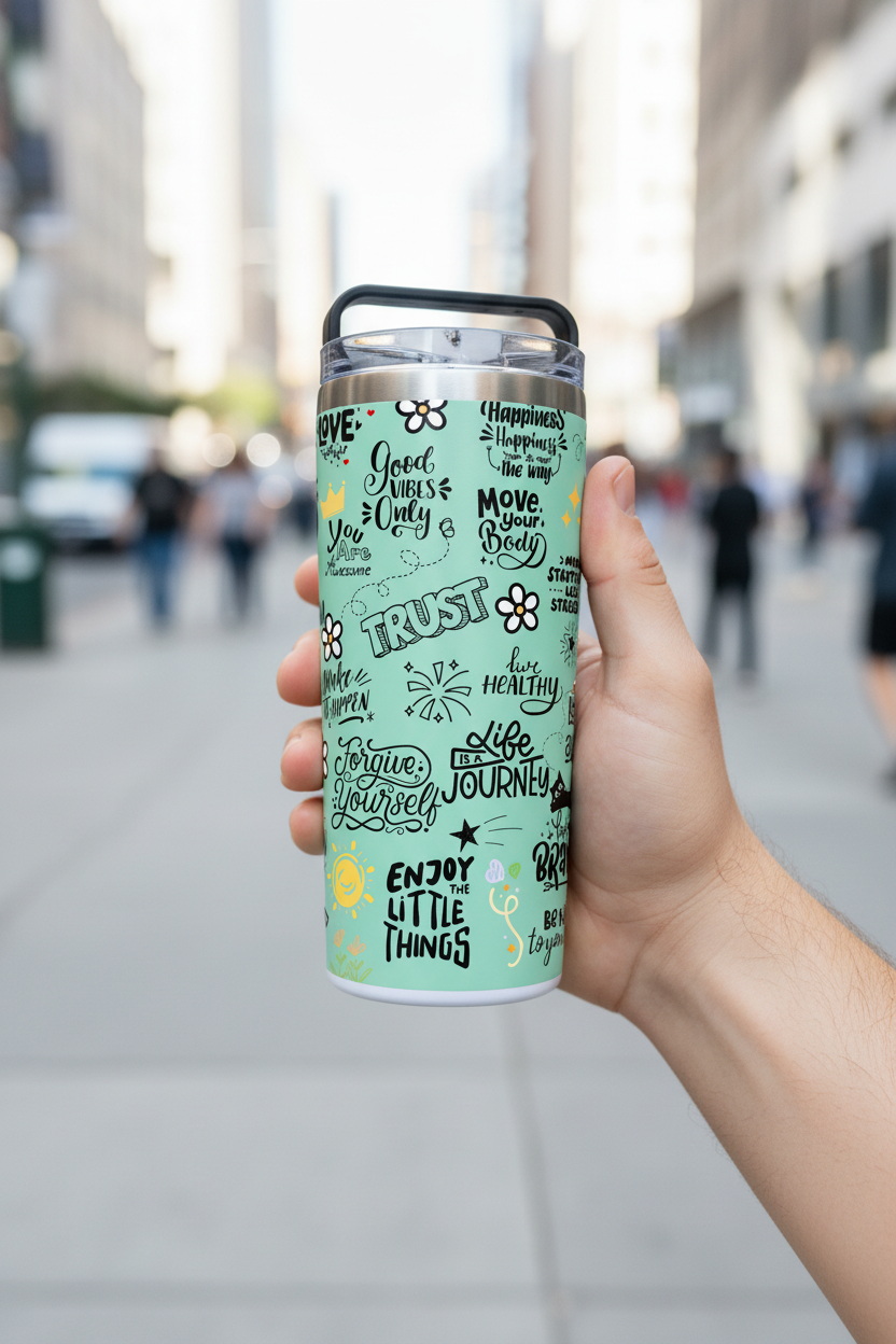 Custom Sublimation 20 oz Stainless Steel Tumbler – City Street - AI Rendering Product Shot - Green Doodle Print | Jadez World