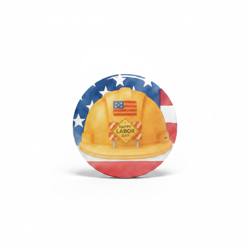 Happy Labor Day Hard Hat Pin Button - White Background