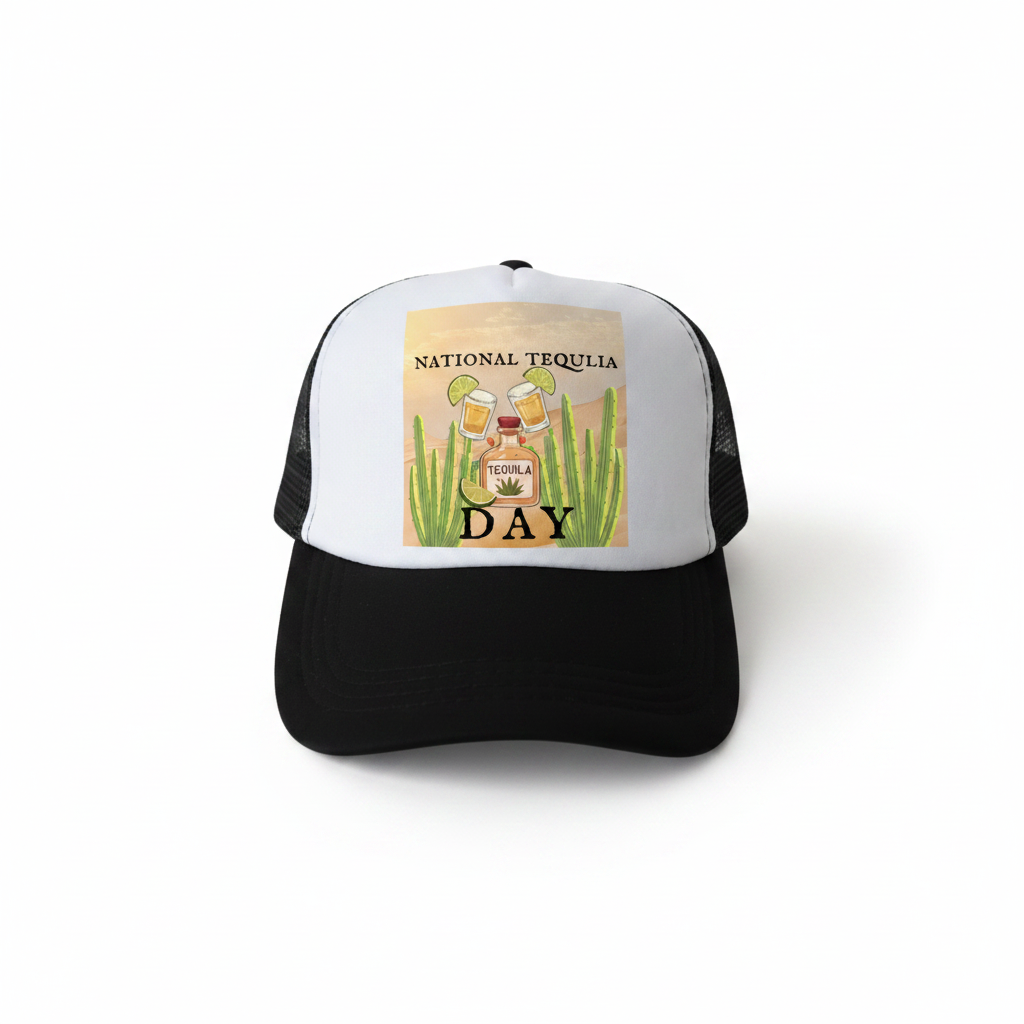 Custom Sublimation Trucker Hat -Classic White Foam Front with Black Mesh Back– National Tequila Day Design | Jadez World