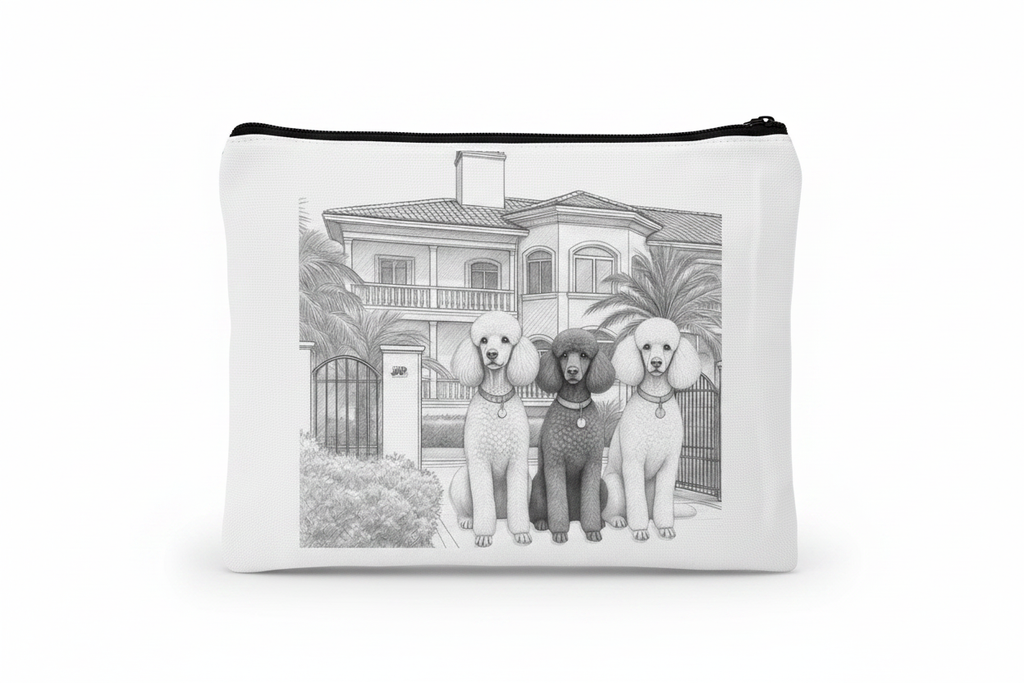 Custom Sublimation 7.9" x 5.7" Travel and Makeup Pouch -AI Rendering Product Shot - Poodle Mansion Print | Jadez World 