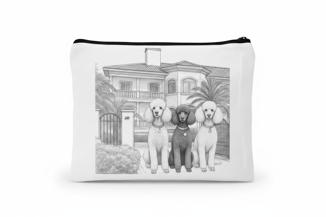 Custom Sublimation 7.9" x 5.7" Travel and Makeup Pouch -AI Rendering Product Shot - Poodle Mansion Print | Jadez World 