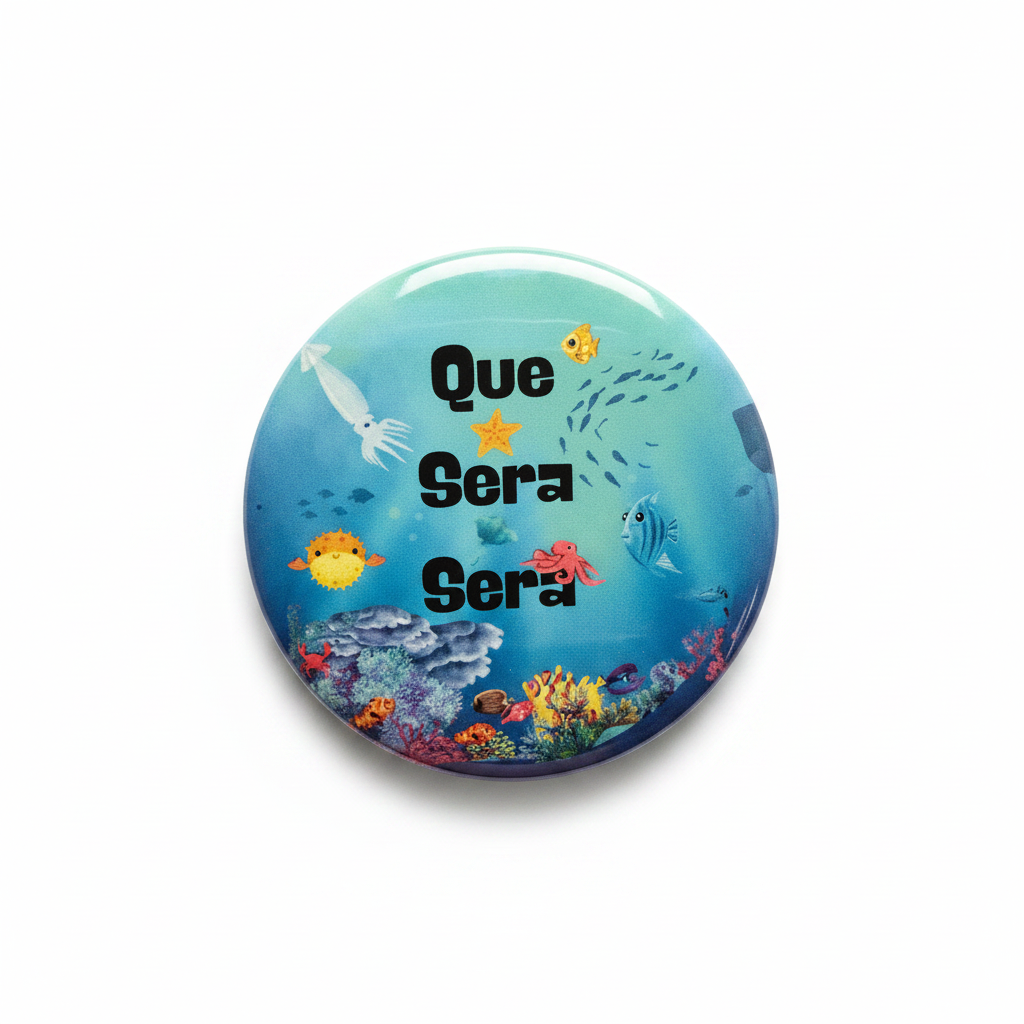 Que Sera Sera Pin Button - White Background