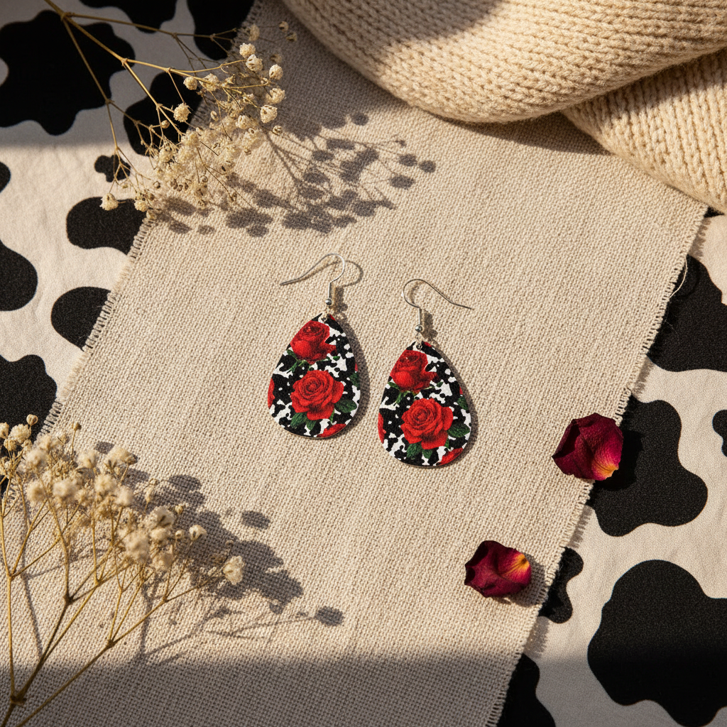 Red Rose Cow Print Earrings Lifestyle Flat Lay