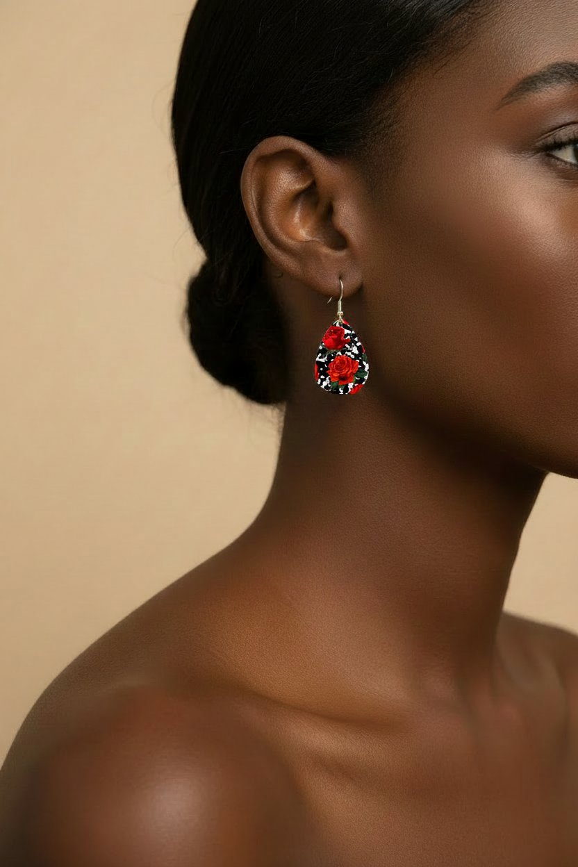 Red Rose Cow Print Teardrop Earring