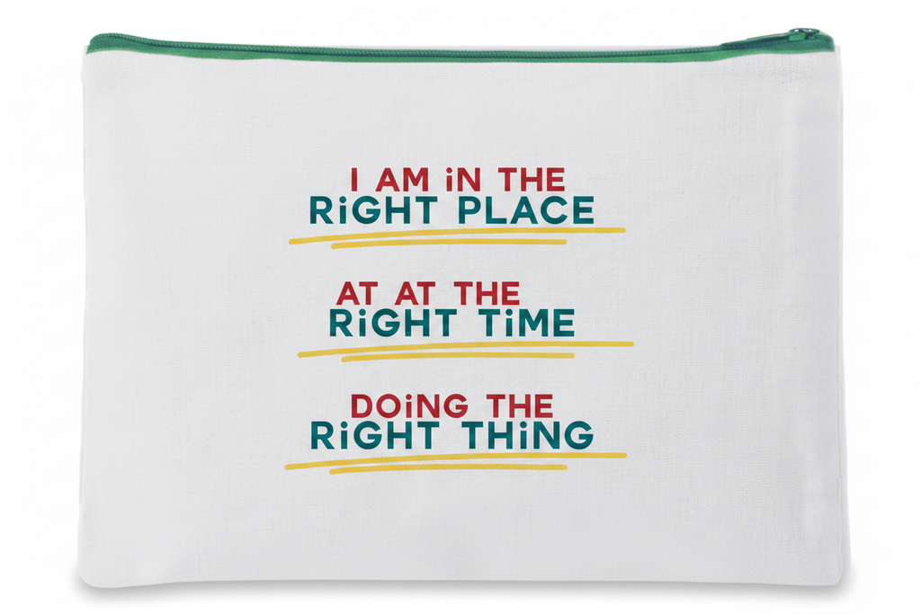 Custom Sublimation 7.9" x 5.7" Travel and Makeup Pouch -AI Rendering Product Shot - Green Right Place Right Time Print | Jadez World 