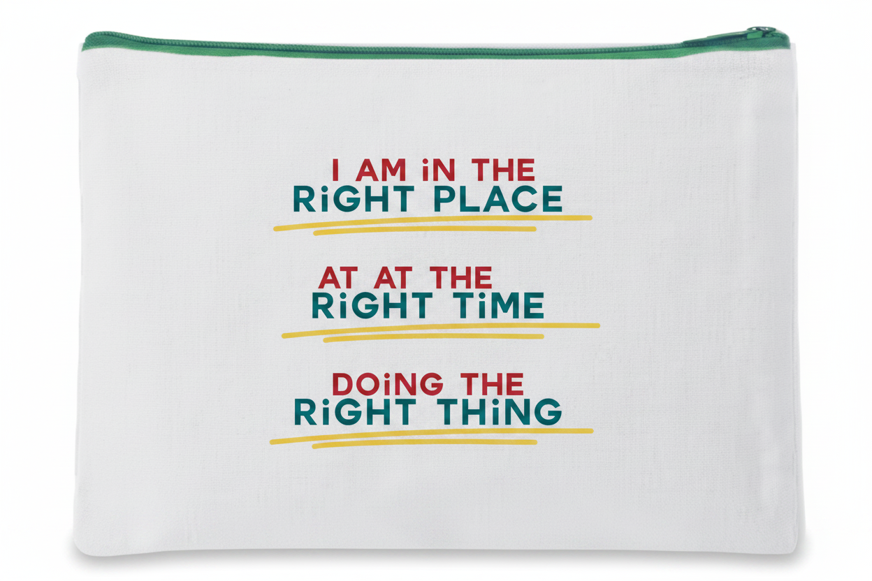 Custom Sublimation 7.9" x 5.7" Travel and Makeup Pouch -AI Rendering Product Shot - Green Right Place Right Time Print | Jadez World 