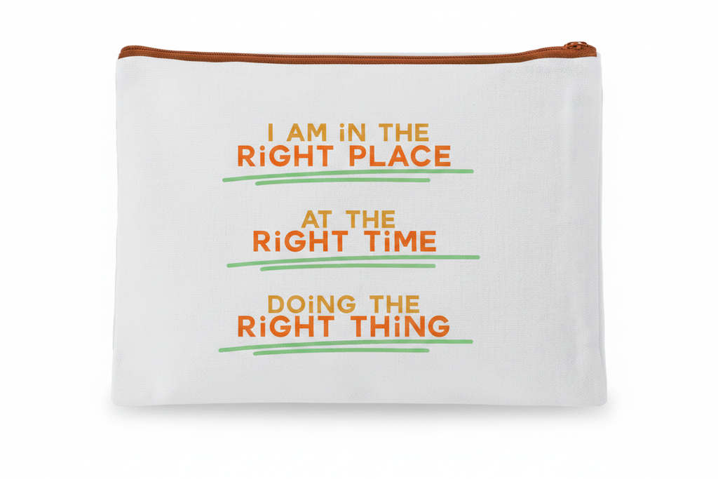 Custom Sublimation 7.9" x 5.7" Travel and Makeup Pouch -AI Rendering Product Shot - Orange Right Place Right Time Print | Jadez World 