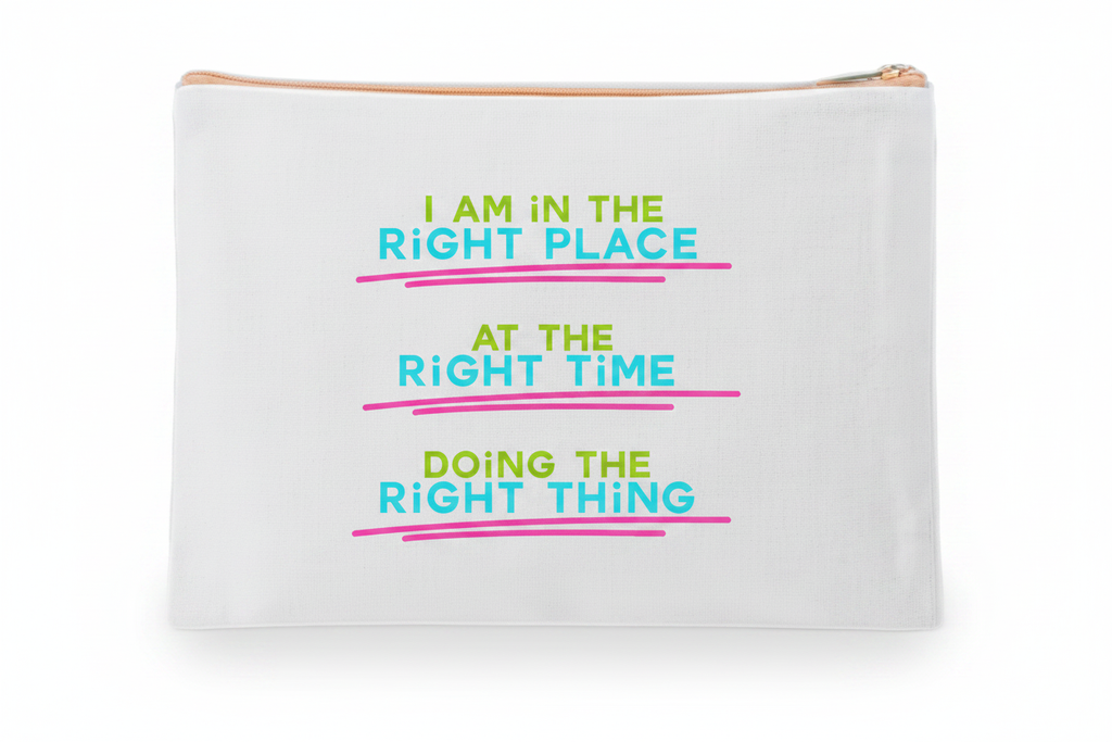 Custom Sublimation 7.9" x 5.7" Travel and Makeup Pouch -AI Rendering Product Shot - Pink Right Place Right Time Print | Jadez World 