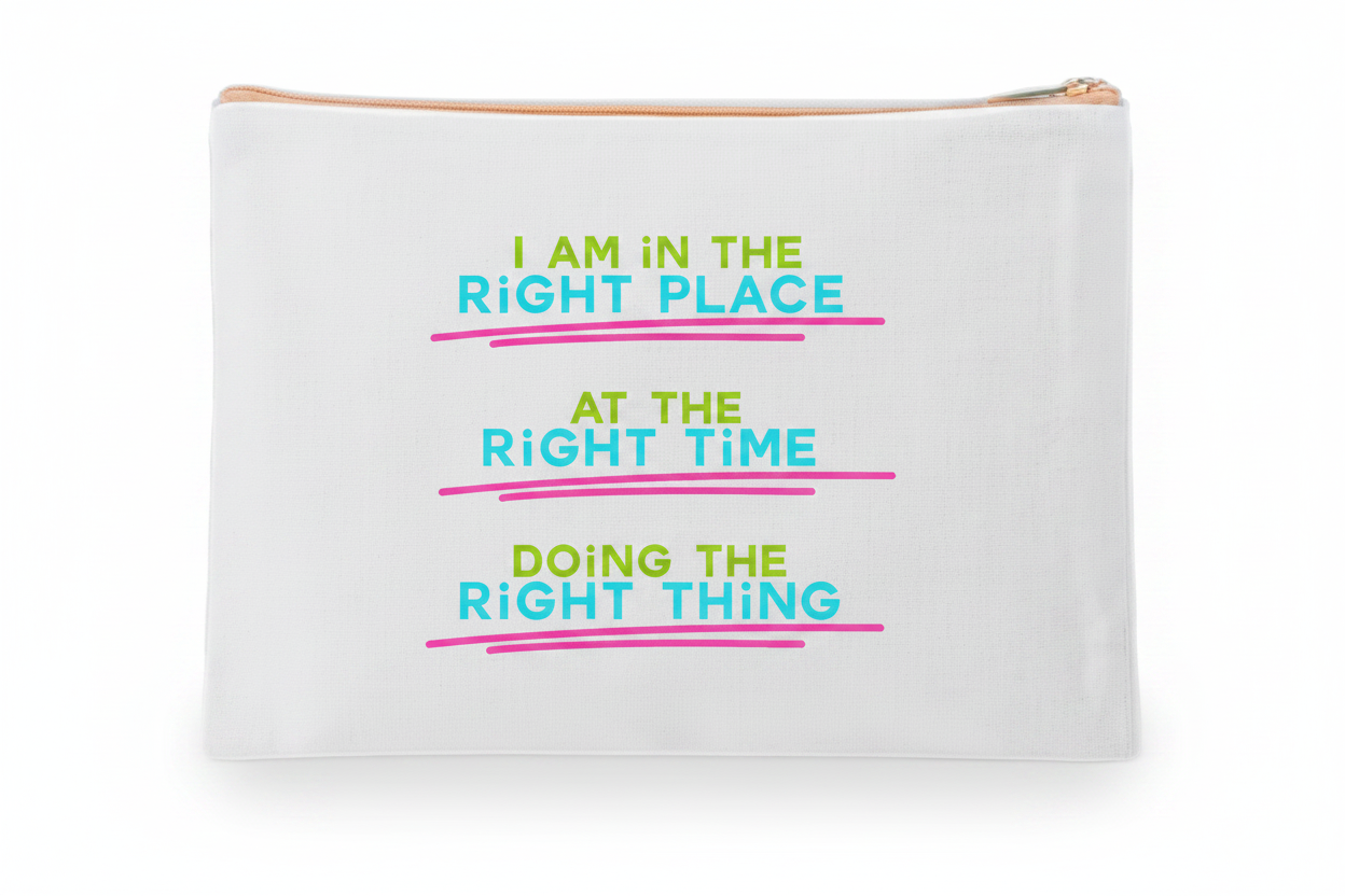Custom Sublimation 7.9" x 5.7" Travel and Makeup Pouch -AI Rendering Product Shot - Pink Right Place Right Time Print | Jadez World 