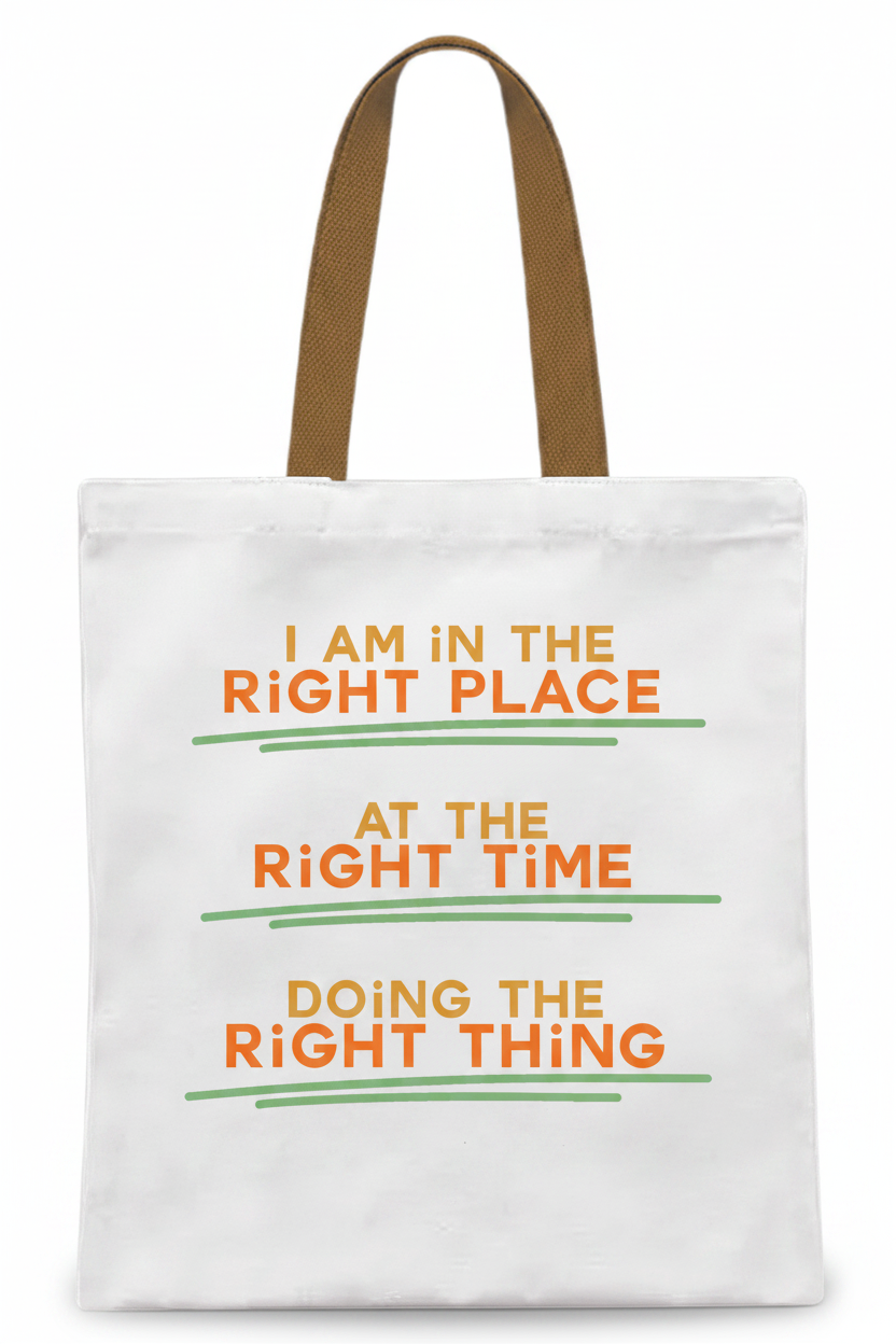 Custom Sublimation 13.7" x 11.8" Tote Bag  – AI Rendering Product Shot - Orange Right Place Right Time Print | Jadez World 