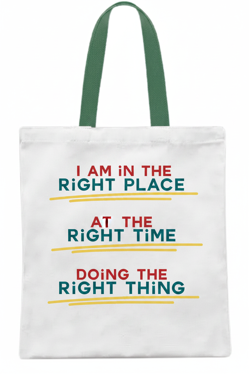 Custom Sublimation 13.7" x 11.8" Tote Bag  – AI Rendering Product Shot - Green Right Place Right Time Print | Jadez World 